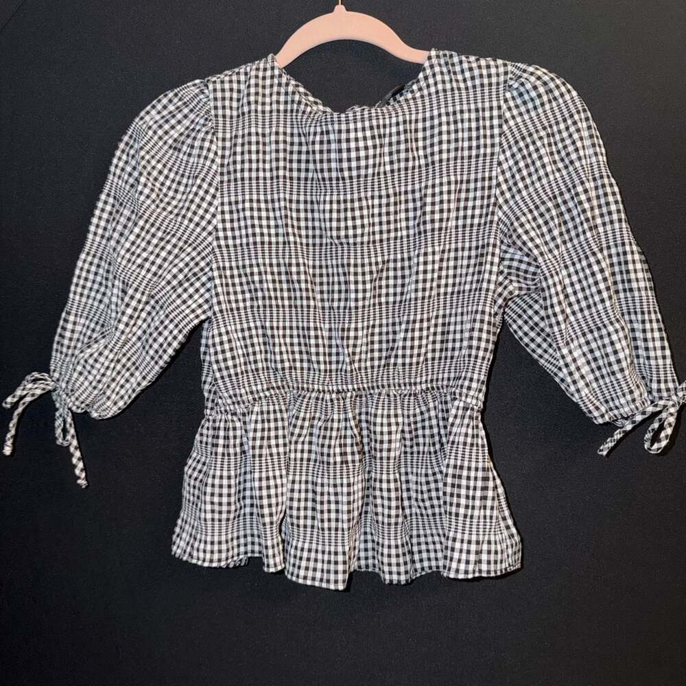 Black and White Gingham Check Smocked Peplum Puff Sleeve Top
